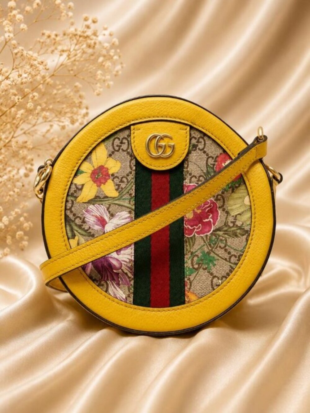 Authentic Gucci Ophidia Flora Round Mini Crossbody Bag Yellow Leather GG Supreme - Picture 1 of 16